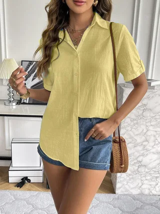 Casual Comfortable Cotton Linen Breathable Solid Color Button Down V-neck Shirt - Image 13