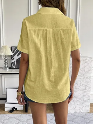 Casual Comfortable Cotton Linen Breathable Solid Color Button Down V-neck Shirt - Image 14