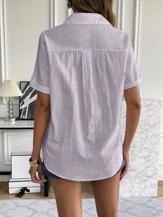 Casual Comfortable Cotton Linen Breathable Solid Color Button Down V-neck Shirt - Image 5