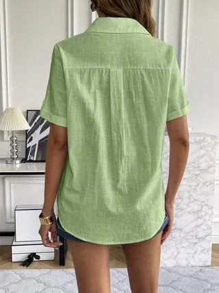 Casual Comfortable Cotton Linen Breathable Solid Color Button Down V-neck Shirt - Image 9