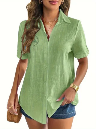 Casual Comfortable Cotton Linen Breathable Solid Color Button Down V-neck Shirt - Image 8