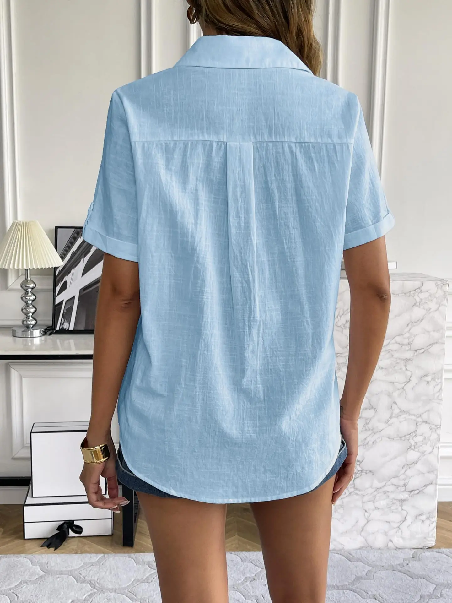 Casual Comfortable Cotton Linen Breathable Solid Color Button Down V-neck Shirt - Image 21