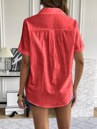 Casual Comfortable Cotton Linen Breathable Solid Color Button Down V-neck Shirt - Image 10