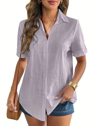 Casual Comfortable Cotton Linen Breathable Solid Color Button Down V-neck Shirt - Image 4