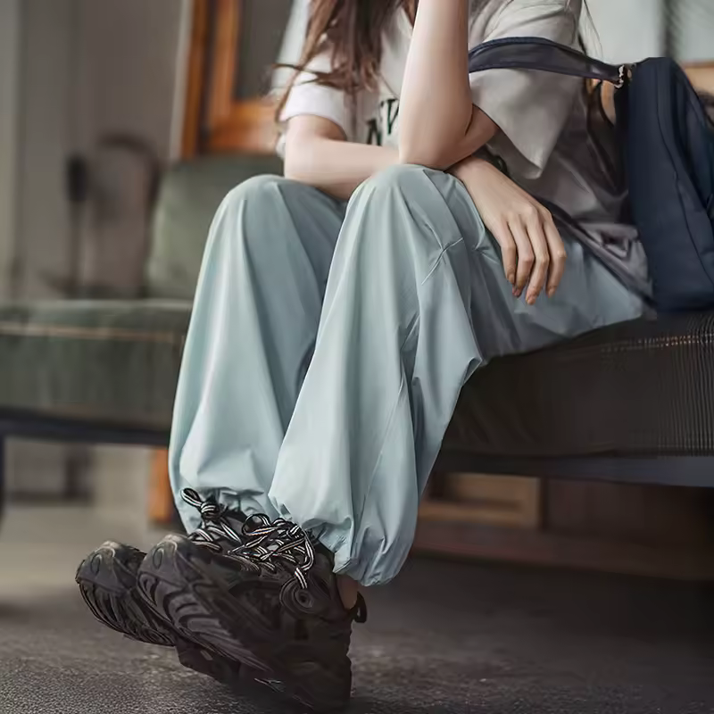 Casual Cool-Touch Parachute Lightweight Elastic Waist Joggers Pants Street Cargo Loose Fit Trousers - Image 4