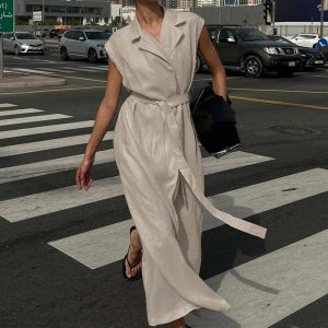 Casual Cotton Lapel Sleeveless Lace-Up Straight Ankle-Length Dress