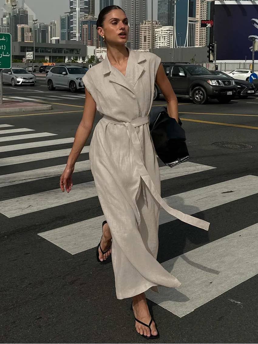 Casual Cotton Lapel Sleeveless Lace-Up Straight Ankle-Length Dress