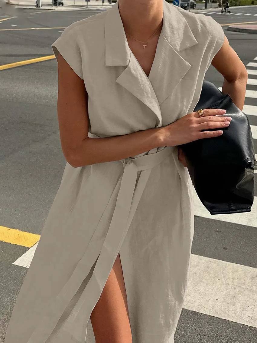 Casual Cotton Lapel Sleeveless Lace-Up Straight Ankle-Length Dress - Image 4