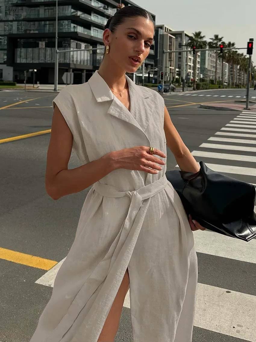 Casual Cotton Lapel Sleeveless Lace-Up Straight Ankle-Length Dress - Image 3