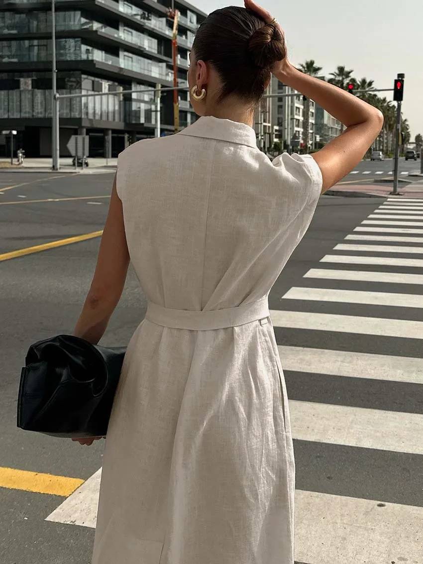 Casual Cotton Lapel Sleeveless Lace-Up Straight Ankle-Length Dress - Image 5