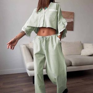 Casual Cotton V-Neck Petal Sleeve Patchwork Crop Shirt Lace Drawstring Pants Set