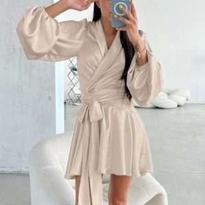 Casual Elegant Classic Lace-Up Loose V-Neck Long Sleeve Mini Dresses