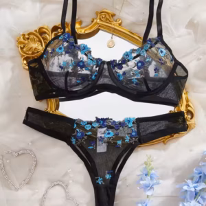 Casual Embroidery Flower Transparent Thong Set Thin Cup Underwear Bra