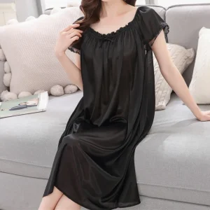 Casual Faux Ice Silk Medium Length Short Sleeve Nightdress