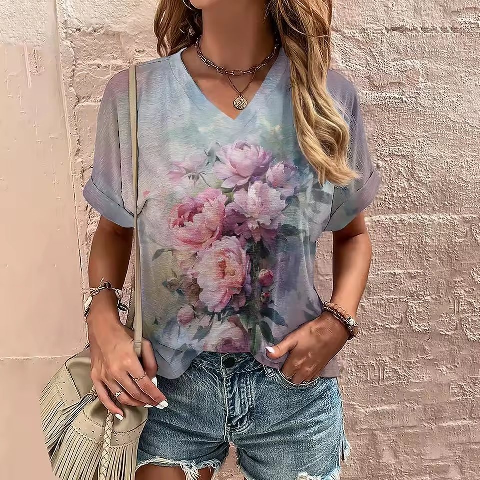 Casual Flower Print V Neck Pullover Oversized T Shirts