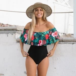 Elegant Flowers Ruffle Off The Shoulder Solid One Piece