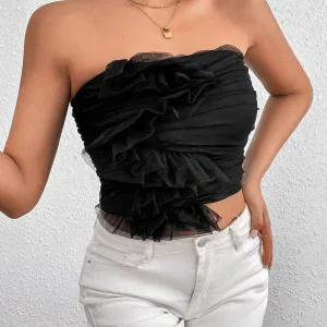 Casual Folds Style Stylish Mesh Pleated Strapless Backless Top
