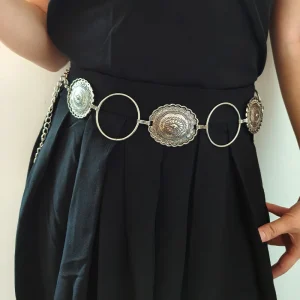 Casual Geometric Metal Carve Big Round Waist Chain Dress Belt