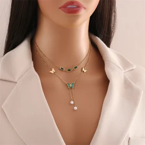 Casual Geometric Stainless Steel Natural Seashells Butterfly Pearl Charm Chain Necklaces 2Pcs