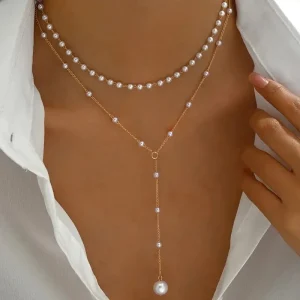 Casual Imitation Pearl Double Layered Choker Big Ball Bead Pendant Tassel Necklace