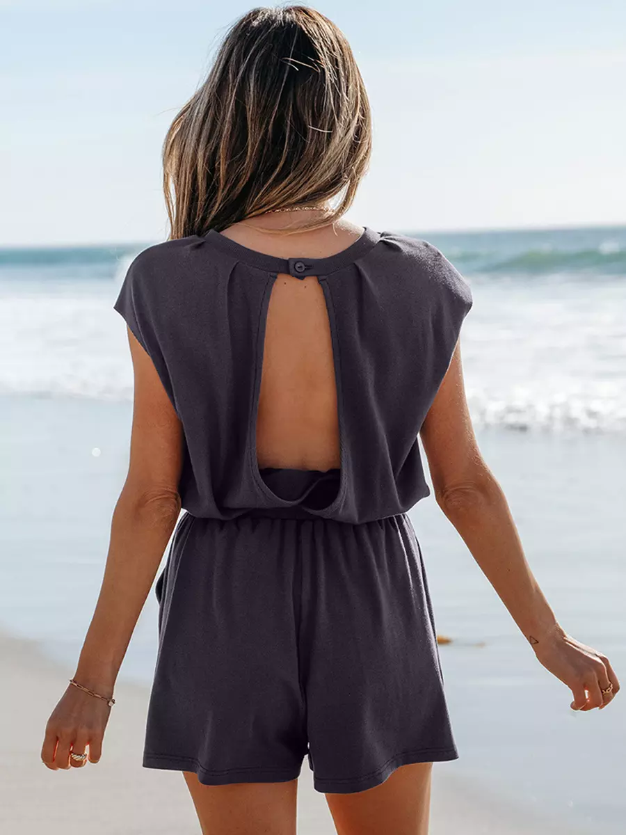 Casual Jewel Neck Open Shoulder Short Sleeve Backless Drawstring Jumpsuits & Romper - Image 3