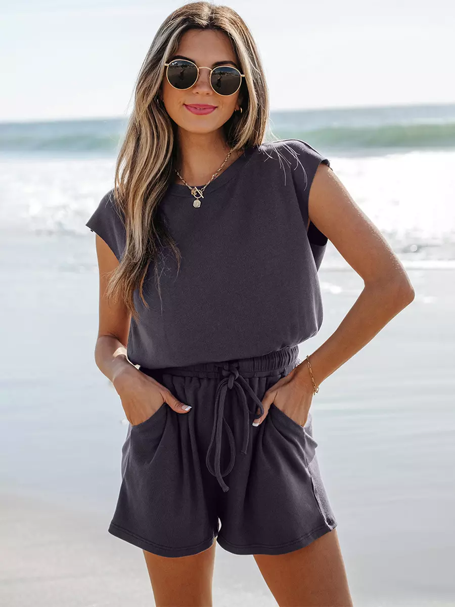 Casual Jewel Neck Open Shoulder Short Sleeve Backless Drawstring Jumpsuits & Romper - Image 2