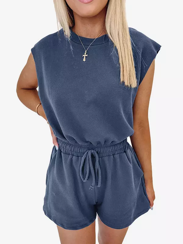 Casual Jewel Neck Open Shoulder Short Sleeve Backless Drawstring Jumpsuits & Romper - Image 4