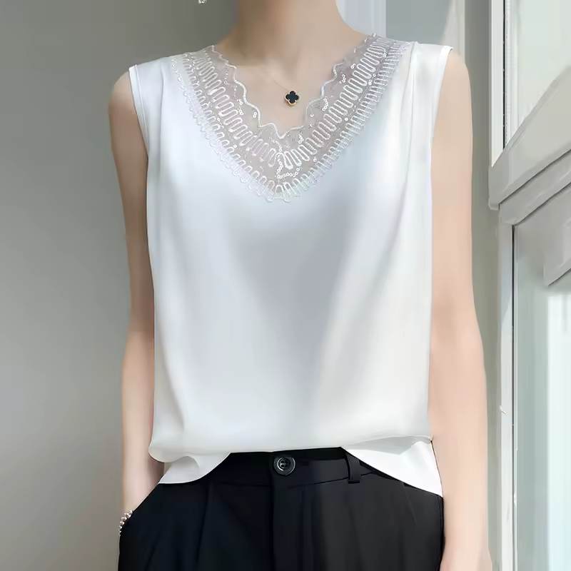 Casual Lace Office Lady Satin Sleeveless Tank Tops