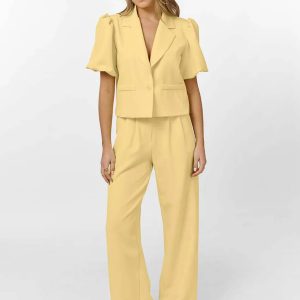 Casual Lapel Short Sleeve Single Button Shirts High Waist Straight Pants Sets