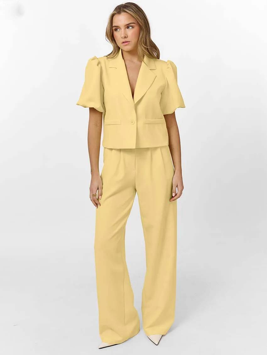 Casual Lapel Short Sleeve Single Button Shirts High Waist Straight Pants Sets