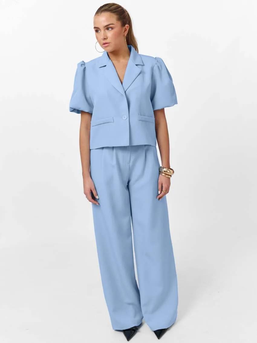 Casual Lapel Short Sleeve Single Button Shirts High Waist Straight Pants Sets - Image 7