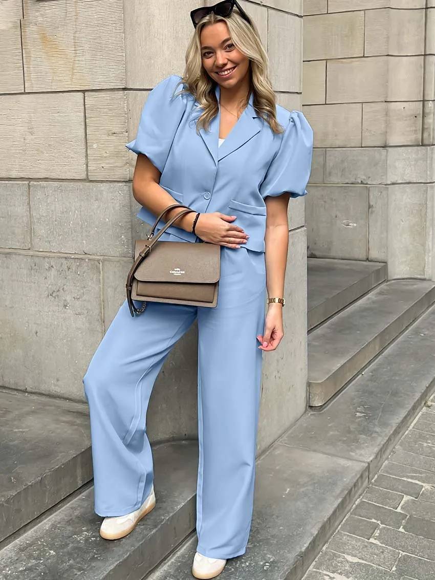 Casual Lapel Short Sleeve Single Button Shirts High Waist Straight Pants Sets - Image 8