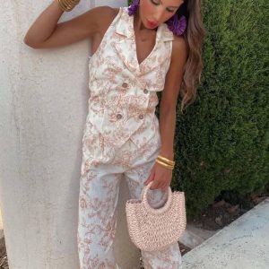 Casual Lapel Sleeveless Double Breasted Shirts Zipper Pants Sets