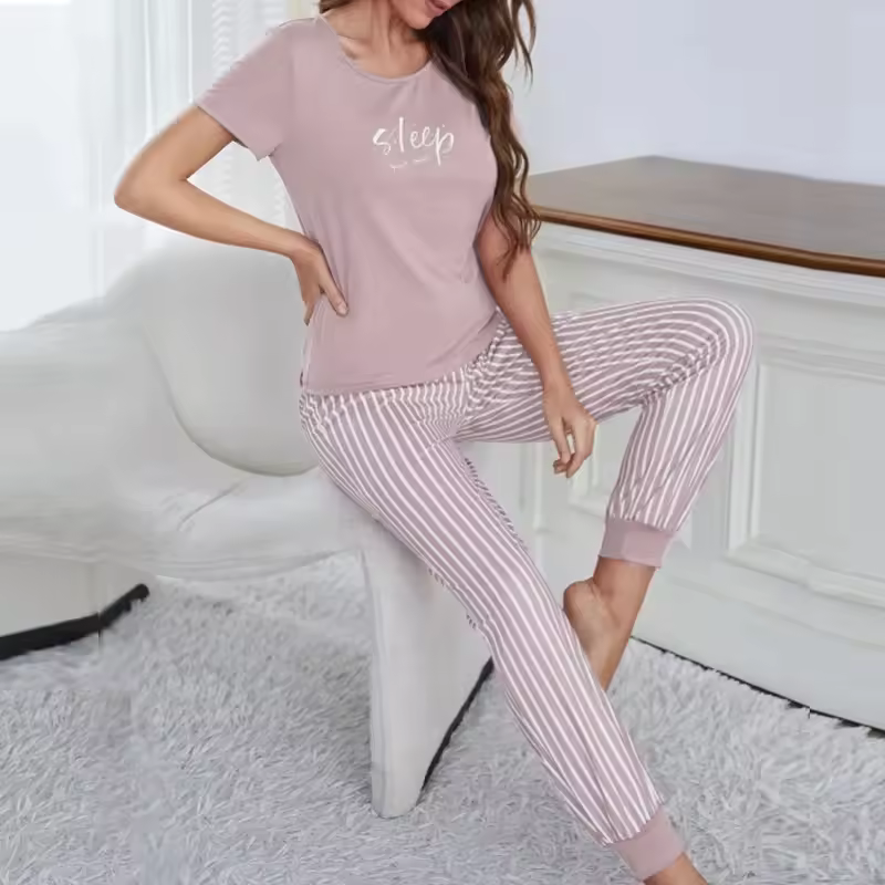 Casual Letter Short Sleeved Top Paired Bow Striped Leg Length Pajama Set
