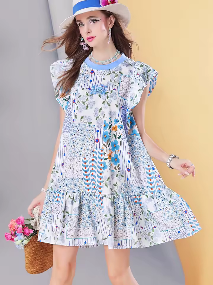 Casual Loose Short Sleeve Lightweight Ruffle Hem Holiday Beach Boho Sundress