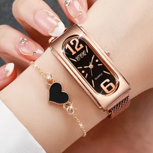 Casual Magnet Buckle Mesh Band Bracelet Quartz Watch Rectangle 2PCS Set