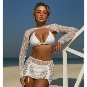 Casual Mesh Four-piece Beach Solid Color Long Sleeves Swimsuit