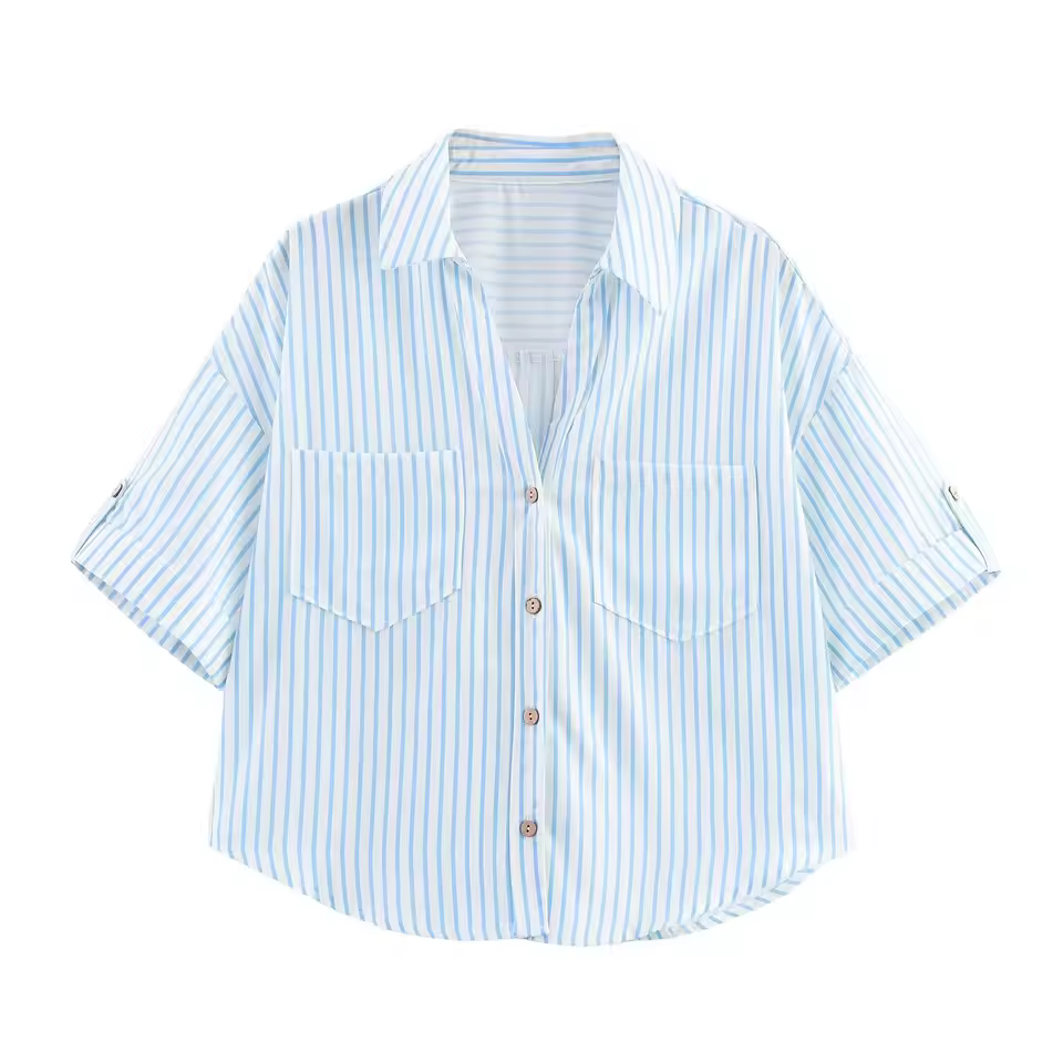 Casual Minimalist Design Linen Blended Wide Sleeve Collar Shirt - Image 8