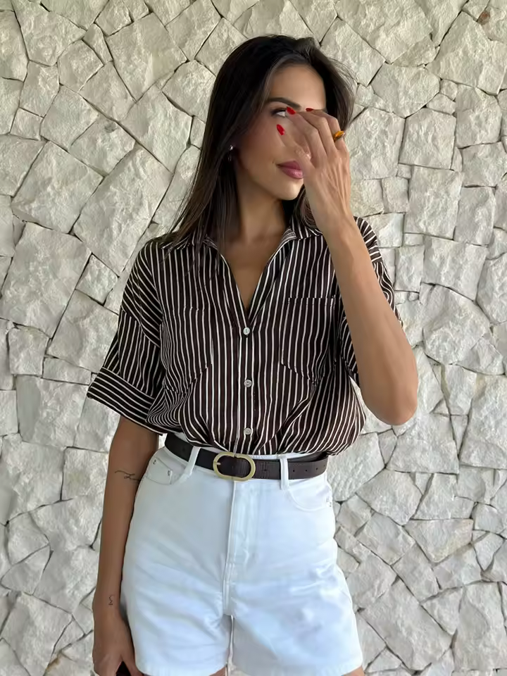 Casual Minimalist Design Linen Blended Wide Sleeve Collar Shirt - Image 3