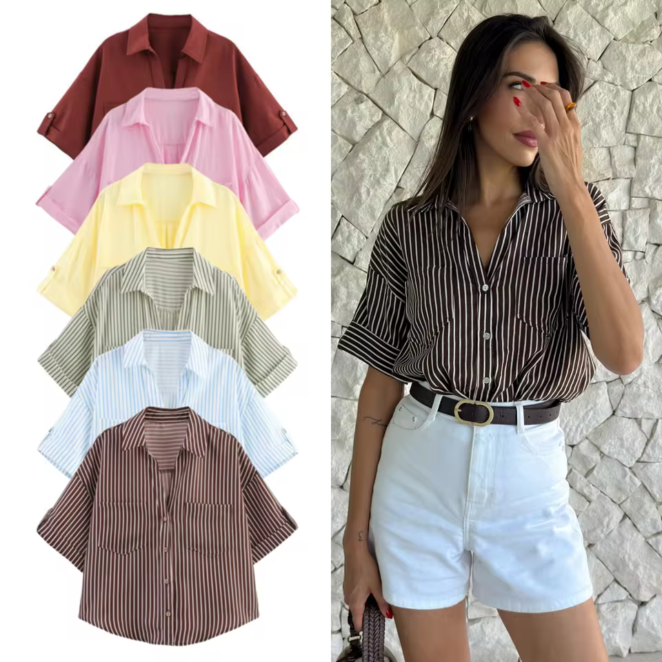 Casual Minimalist Design Linen Blended Wide Sleeve Collar Shirt - Image 4