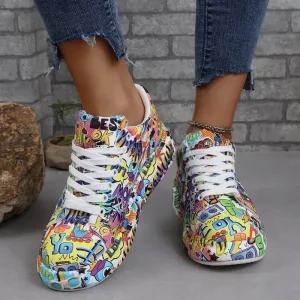 Casual Painted Graffiti Lace Up Flat Pu Leather Sports Shoes