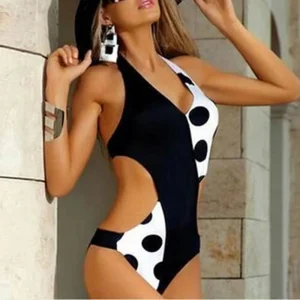 Casual Polka Dot V Neck Lively Lady Swimwear Patchwork Strap One Piece