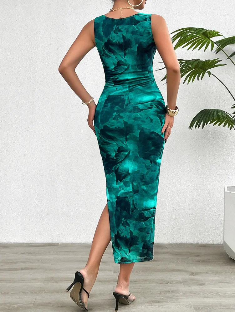 Casual Printed Round Neck Slimming With Split Bottom Sleeveless Tight Bodycon Dress - Image 12