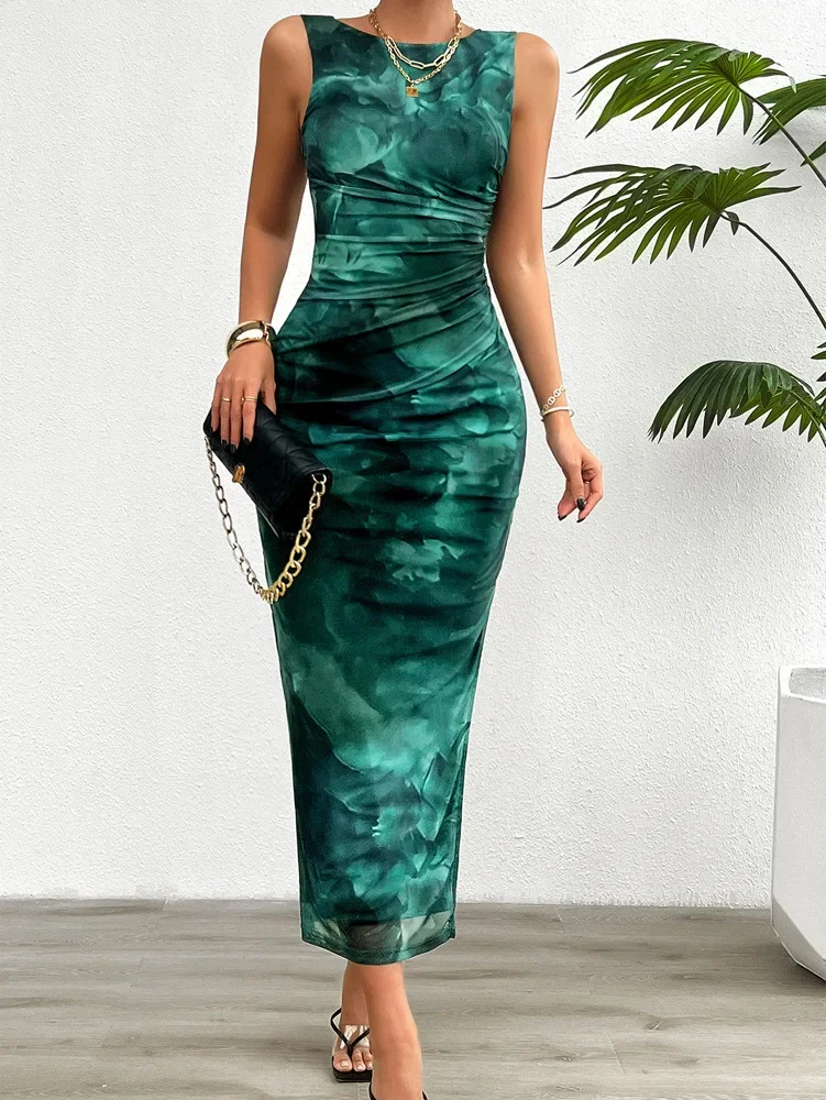 Casual Printed Round Neck Slimming With Split Bottom Sleeveless Tight Bodycon Dress - Image 10