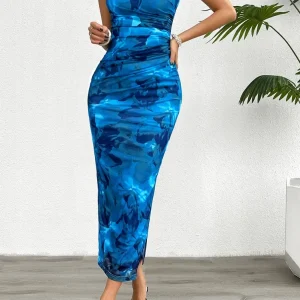 Casual Printed Round Neck Slimming With Split Bottom Sleeveless Tight Bodycon Dress
