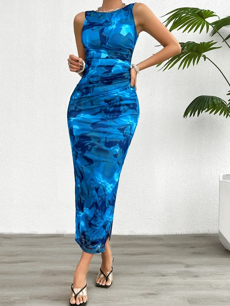 Casual Printed Round Neck Slimming With Split Bottom Sleeveless Tight Bodycon Dress