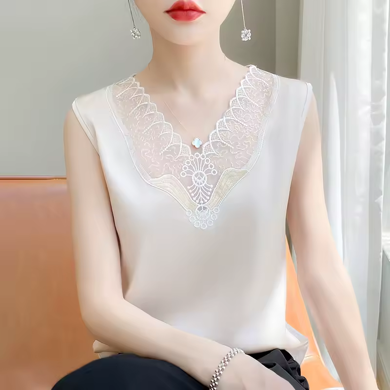 Trendy Rayon Lace Satin V Neck Sleeveless Tank Tops - Image 3