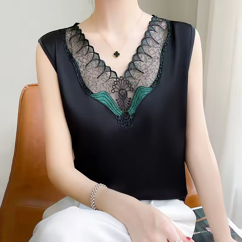 Trendy Rayon Lace Satin V Neck Sleeveless Tank Tops