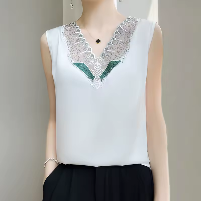 Trendy Rayon Lace Satin V Neck Sleeveless Tank Tops - Image 2