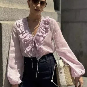 Casual Ruffled Lace up Lantern Long Sleeve V-neck Blouse Resort Wear